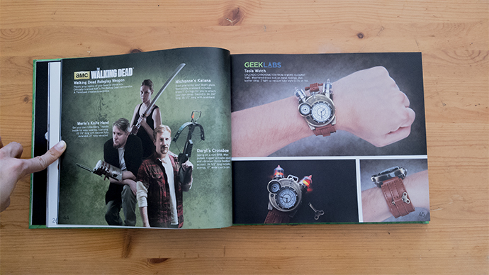 GeekLabs Book interior pages featuring products from the Walking Dead and GeekLabs' Tesla Watch